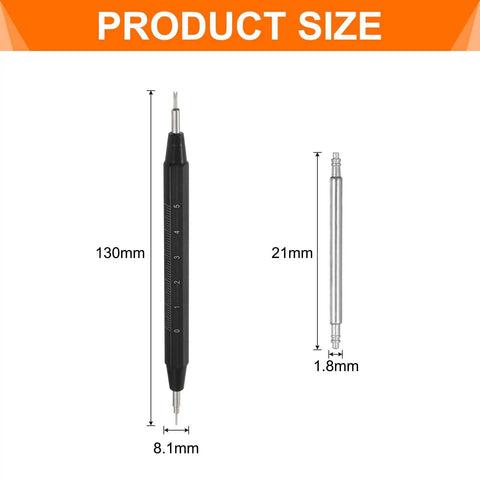 Diagram showing 10 Pack Quick Release Spring Bars for Watches 21mm Wide and 1.8mm Diameter Pins Replacement Kit With Removal Tool