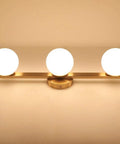 Slick Modern Brass Gold Three Light Vanity Fixture With Milky Glass Shades For Bathroom Over Mirror Wall Sconce Industrial Style Bath Lighting For Bedroom And Living Room Durable Construction Easy To Install Hardware Included Ideal For Powder Room