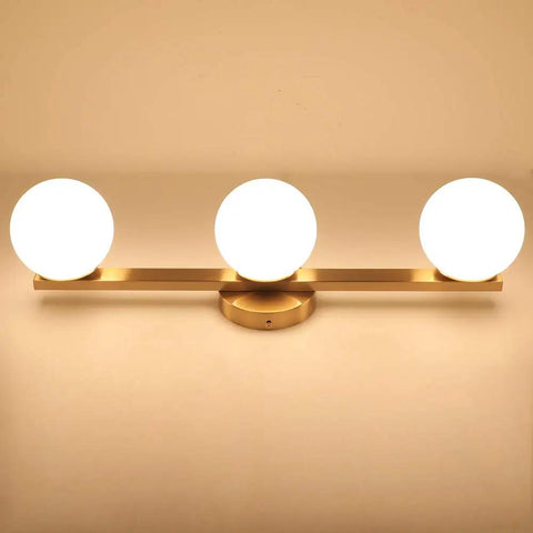Slick Modern Brass Gold Three Light Vanity Fixture With Milky Glass Shades For Bathroom Over Mirror Wall Sconce Industrial Style Bath Lighting For Bedroom And Living Room Durable Construction Easy To Install Hardware Included Ideal For Powder Room