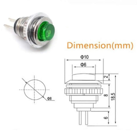 Ten Pack Eight Millimeter Push Button Switches SPST Normally Open 125V 1A DS101 With Five Red And Five Green Caps For DIY Projects Plug And Play Mount In An Instant Eight Millimeter Hole, green cap view