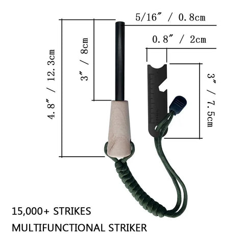 Rugged Fire Starter Survival Kit With Large Ferro Rod And Striker dimensions and paracord lanyard