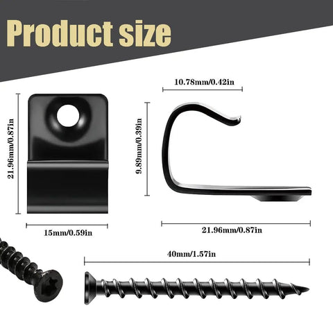 Built Tough 304 Stainless Steel Deck Start Clips, 50 Pc Set With Star Screws And Driver Bits, Universal Slip On Fasteners For Composite Boards, No Sweat Outdoor Mounting Hardware Black product size dimensions.