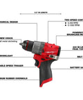 Heavy Duty Half Inch Chuck Cordless Drill Driver With Smooth Operator Grip And Kickass Torque For Tight Squeeze Job Sites Twelve Volt Brushless Motor Compact Build Includes Belt Clip And Bare Tool Setup with detailed features.
