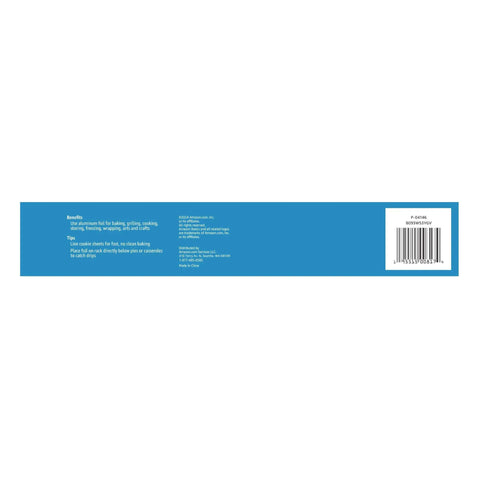 Back view of everyday aluminum foil roll packaging, showing product details and barcode, 250 sq ft for cooking and wrapping.