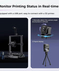 Nebula Camera For 3D Printers With 24 Hour Real Time Monitoring Time Lapse Spaghetti Detection WiFi Enabled USB Interface shown on tripod and 3D printer