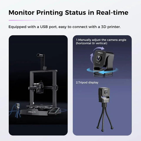 Nebula Camera For 3D Printers With 24 Hour Real Time Monitoring Time Lapse Spaghetti Detection WiFi Enabled USB Interface shown on tripod and 3D printer