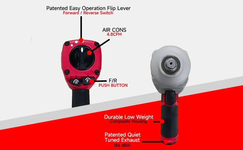 1/2 Inch Composite Air Impact Wrench Pumping Out Eight Hundred Thirty Ft Lbs Of Raw Torque With A Sweet Three Mode Power Dial and Forward Reverse Toggle view from above showing controls and housing.
