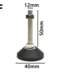 Heavy Duty Adjustable Leveling Feet With Swivel Base And Wear Resistant Pads Ditch The Wobble On Uneven Floors Smooth Out Shaky Furniture Legs Easy M8 M10 M12 Fit 10 Pack, 12mm wide, 50mm high, rubber base.