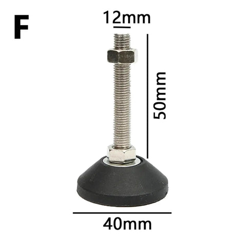 Heavy Duty Adjustable Leveling Feet With Swivel Base And Wear Resistant Pads Ditch The Wobble On Uneven Floors Smooth Out Shaky Furniture Legs Easy M8 M10 M12 Fit 10 Pack, 12mm wide, 50mm high, rubber base.