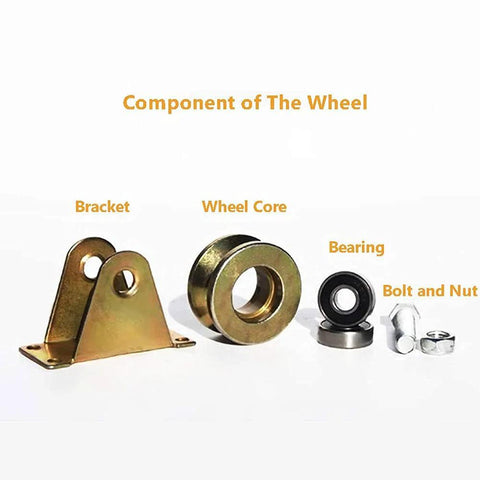 Components of 4-Pack Heavy-Duty 660 Lbs Each 2-Inch V-Groove Casters With Brackets For Sliding Gates, showing bracket, core, bearing, bolts.