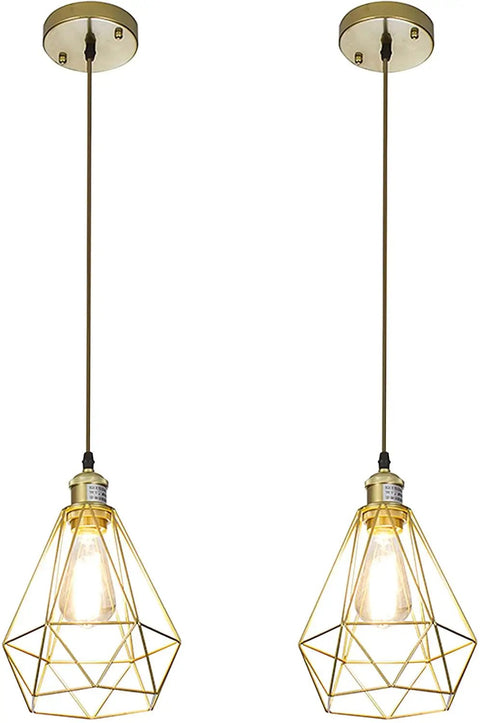 Gold Farmhouse Pendant Light 2 Pack Cage Style Hanging Lights For Kitchen Island, Adjustable Height Fixture