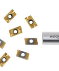 APKT1604 TiN Coated Carbide Inserts For Steel Machining, 10 Pc Set, with cylindrical holder visible.