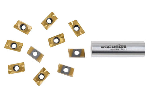 APKT1604 TiN Coated Carbide Inserts For Steel Machining, 10 Pc Set, with cylindrical holder visible.