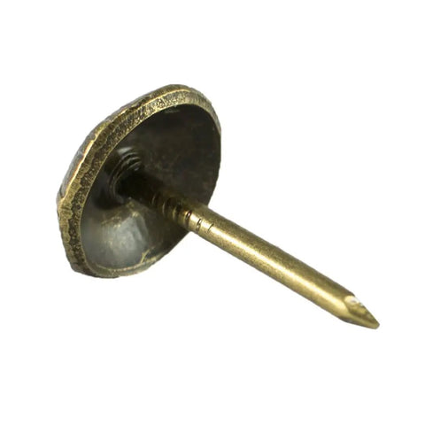 Top Shelf Antique Brass Upholstery Tacks, Hammered Furniture Nails For Couch Repair, 7 16 Inch, close-up of a brass nail.