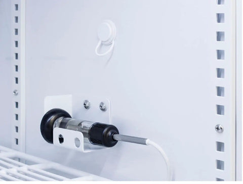 Zero Hassle 9.5 Cubic Foot Upright Vaccine All Freezer Rock Solid Medical Pharmacy Cold Storage showing temperature sensor installation.