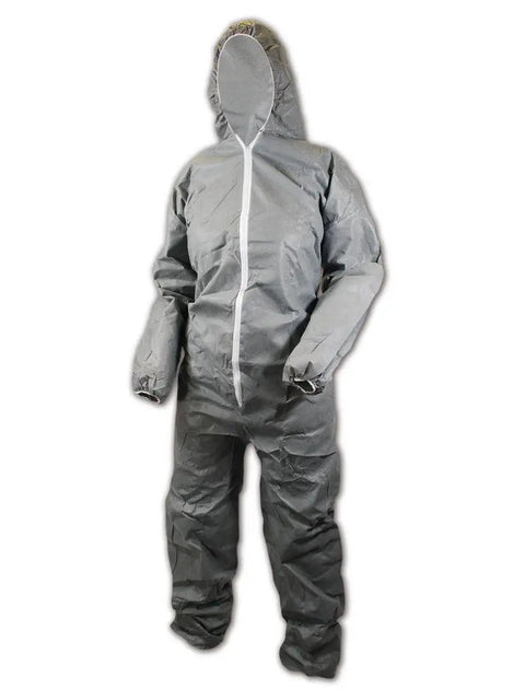 Disposable SMS Fabric Coverall With Hood Gray 3X Large Front Zipper Closure Elastic Cuffs And Ankles Lightweight Protection