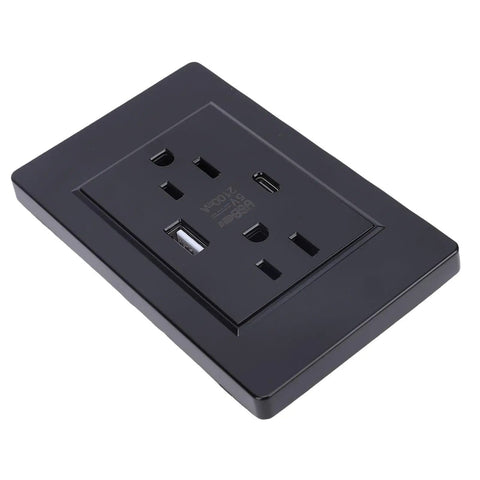 Rock Solid Usb C Wall Outlet With Dual Charging Ports And Smart Overload Protection Flame Retardant Faceplate 15 Amp US Plug, black design.