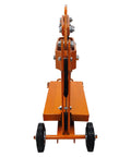 Manual Block Splitter Cutter Portable Paver Cutting Tool For Easy Brick And Stone Cutting Adjustable Cutting Size From 0 To 3.9 Inches And Width Up To 15.7 Inches Built For Quick Labor Saving Work On Job Sites. orange steel manual paver cutter on wheels, front view