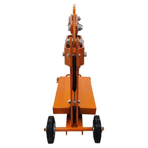 Manual Block Splitter Cutter Portable Paver Cutting Tool For Easy Brick And Stone Cutting Adjustable Cutting Size From 0 To 3.9 Inches And Width Up To 15.7 Inches Built For Quick Labor Saving Work On Job Sites. orange steel manual paver cutter on wheels, front view