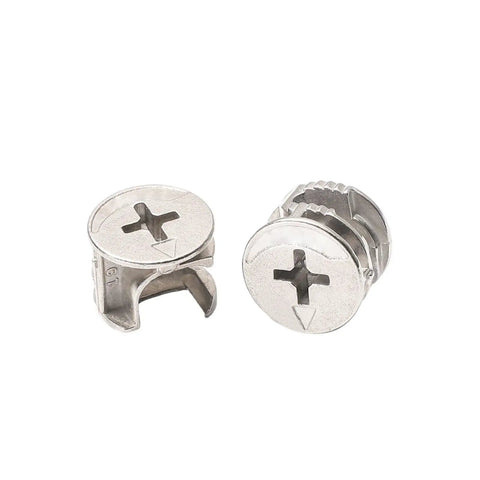 Close-up of 2 connectors from 20Pcs Eccentric Wheel Three In One Connector Nut Kit For Furniture Assembly With Drawer Lock Screws And Wardrobe Fittings