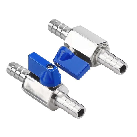 Angled front view of BesNPT stainless steel 3/8-in hose barb ball valves with blue levers, pack of 2