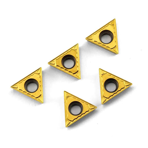 Five TCMT16T304 TCMT32.51 tin coated carbide turning inserts for steel and cast iron, showcasing triangle shape and cutting edges.
