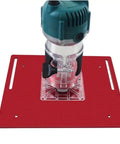 Built Rock Solid C8 Aluminum Router Table Insert Plate For Woodworking Projects with mounted router on red plate.