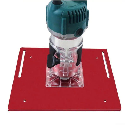 Built Rock Solid C8 Aluminum Router Table Insert Plate For Woodworking Projects with mounted router on red plate.