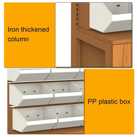 Detail of the Badass 5 Tier Storage Rack showing iron thickened column and PP plastic boxes for garage and kitchen organization.