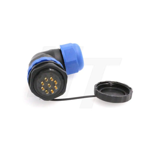 9 Pin Outdoor Waterproof Circular Electrical Connector Set With Threaded Angled Plug And Panel Socket For Industrial Power, Rugged And Reliable, Weatherproof, Male And Female, 12-15mm Cable, 14AWG, angled plug with cap