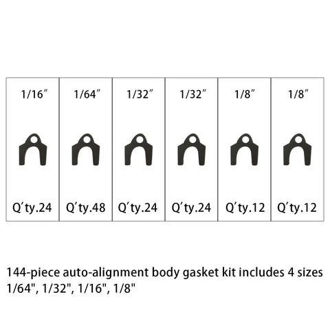 Rig Ready Auto Alignment Body Shims And Camber Tuning Kit With Sturdy Storage Case 144 Pieces sizes 1/16, 1/64, 1/32, 1/8 inch shown
