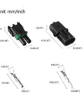 Diagram of 10 Pack 2 Pin Weather Pack Connector Set For 20-14 AWG Wire Harness 2.5mm Series Automotive Electrical Plugs Waterproof Male And Female Housings With Seals And TPAs DIY Friendly, showing male and female connectors with measurements in mm and inches.