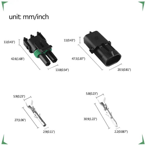 Diagram of 10 Pack 2 Pin Weather Pack Connector Set For 20-14 AWG Wire Harness 2.5mm Series Automotive Electrical Plugs Waterproof Male And Female Housings With Seals And TPAs DIY Friendly, showing male and female connectors with measurements in mm and inches.