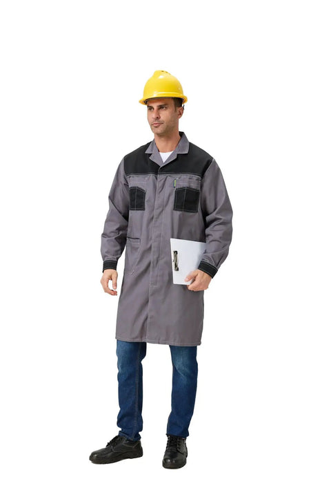 Man wearing Mens Workshop Long Lab Coat With Concealed Front Button Closure Tough Twill Workhorse Ready Coat in Black and Grey XL