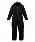 Mens Heavy Duty Canvas Work Jumpsuit With Thermal Hood And Full Zip Front Insulated Coveralls for Construction Trades, black color.