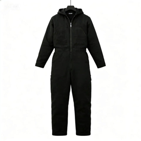 Mens Heavy Duty Canvas Work Jumpsuit With Thermal Hood And Full Zip Front Insulated Coveralls for Construction Trades, black color.