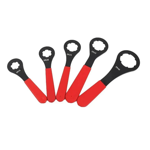 Ditch The Struggle With This Heavy Duty CNC Spanner Wrench For Easy ER Nut Locking And Removal On Machine Tools Fits ER16 20 25 32 And 40 Collet Chucks showing five sizes of red-handled spanner wrenches.