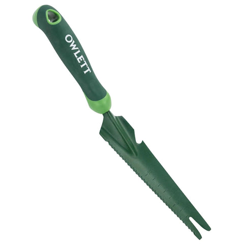 Workhorse 5 In 1 Garden Trowel Weeder Tool with soft handle, forked tip, serrated blade, green design shown on white background