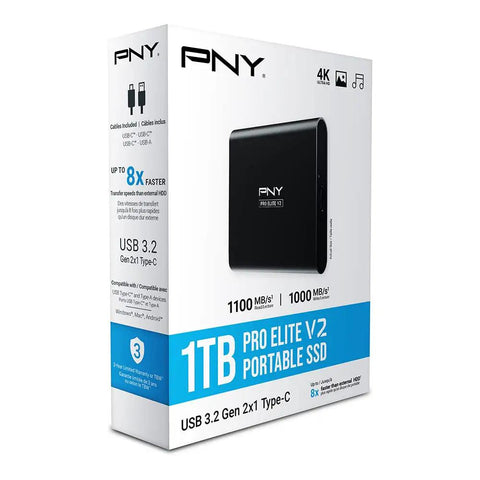 Box of Pro Elite V2 1TB USB 3.2 Gen 2x1 Type-C External SSD For Gamers And Creators showcasing speed and compatibility features