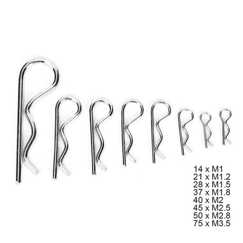 Workhorse 125 Piece Carbon Steel Hair Pin Set with R Hitch Split Pin Kit, various sizes for lawn mowers and outdoor machinery use.