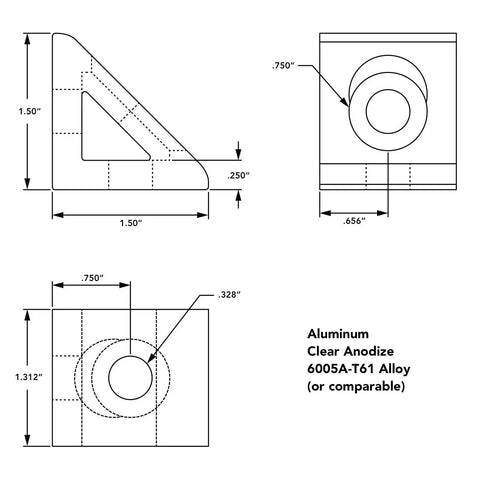 Technical drawing of Two Hole Aluminum Inside Corner Gusset L Bracket For 80 To 20 15 Series Extrusion Compatible With T Slot Aluminum Framing Heavy Duty Angle Support Clear Anodized Finish.