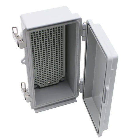 Open view of Electrical Waterproof Junction Box Outdoor Enclosure with Hinged Clear Cover Stainless Steel Buckles IP67 mounting plate