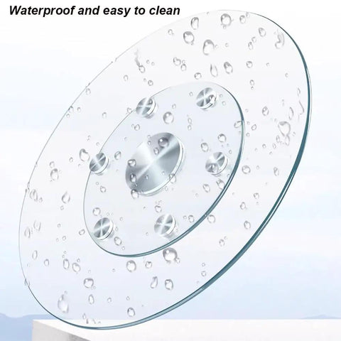 Transparent Tempered Glass Lazy Susan Turntable 360 Degree Rotating Round Serving Plate with water droplets on surface