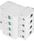 4P Anti Thunder Surge Arrester 385VAC For Automation Control System With Dual Thermal Magnetic Protection Instantly Interrupts Fault Currents In Milliseconds 20KA Rating Beefed Up Heavy Duty Surge Shield For Safe Wiring And Equipment, white DIN rail