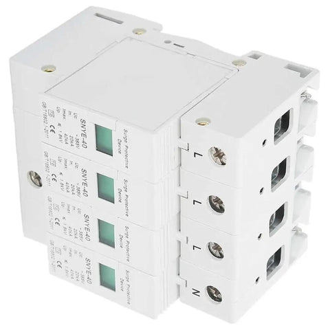 4P Anti Thunder Surge Arrester 385VAC For Automation Control System With Dual Thermal Magnetic Protection Instantly Interrupts Fault Currents In Milliseconds 20KA Rating Beefed Up Heavy Duty Surge Shield For Safe Wiring And Equipment, white DIN rail