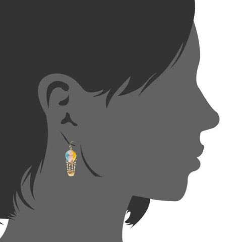 Person wearing Colorful Enamel Hot Air Balloon Earrings With Gold Tone Chained Basket French Hook Dangle Totally Cute Yellow Balloons