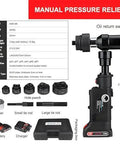 Rechargeable Hydraulic Hole Punch Kit With 80KN Capacity 6 Die Set and 2 Batteries shown with components and LED display
