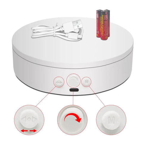 Motorized 360 Degree Spinning Turntable With Adjustable Speed And Direction Type C Powered Rotating Display Stand in White with Controls