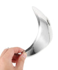 Close-up of a hand holding stainless steel fencing hand guard replacement for training and competition epee and foil hands protector.