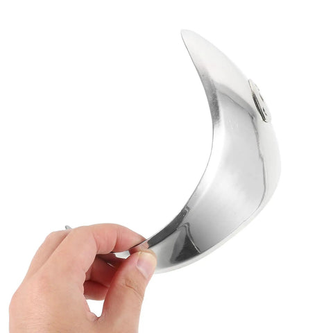 Close-up of a hand holding stainless steel fencing hand guard replacement for training and competition epee and foil hands protector.